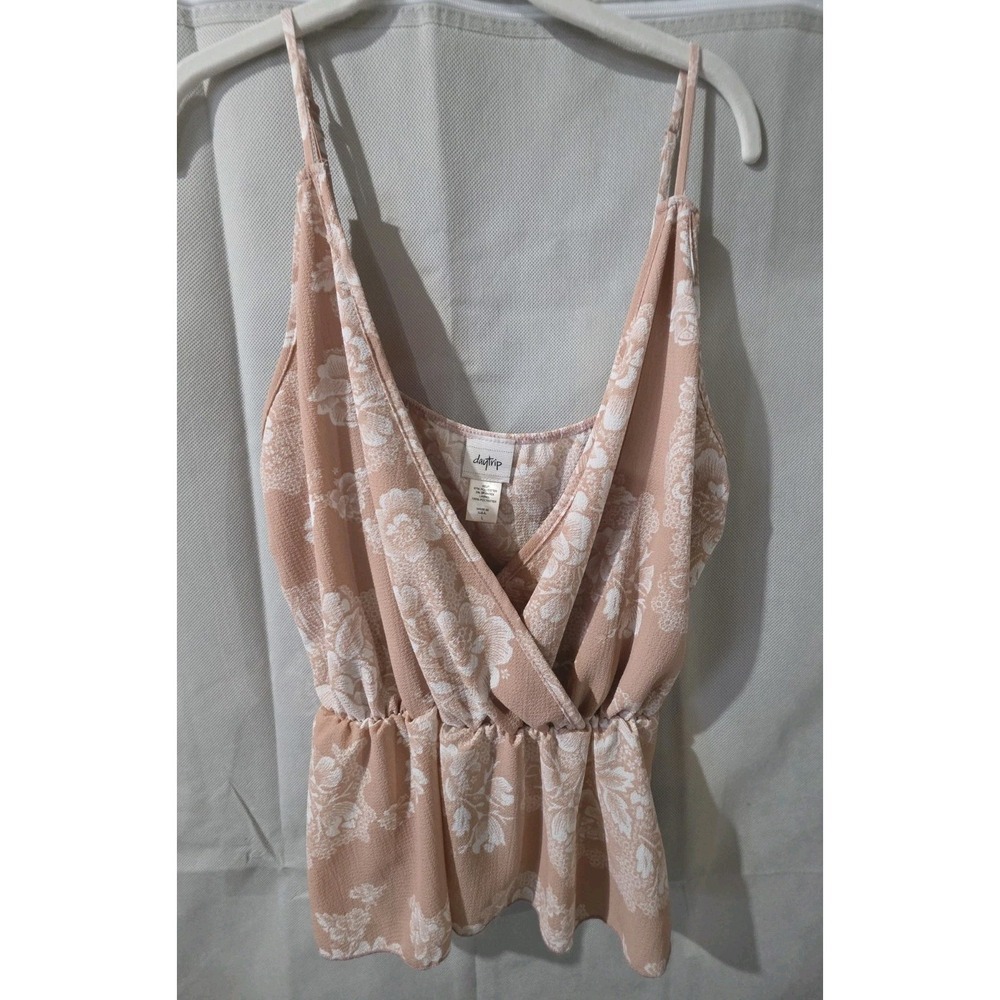 Daytrip Floral Surplice Cami Top Pink White Elastic Waist Peplum Large